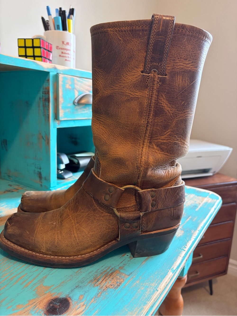 Frye Distressed Brown Leather Harness Heeled Mid-Calf Boots